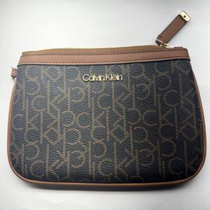 Calvin Klein Women's CK Signature Wristlet/Clutch/ Wallet Brown Faux Leather Zip